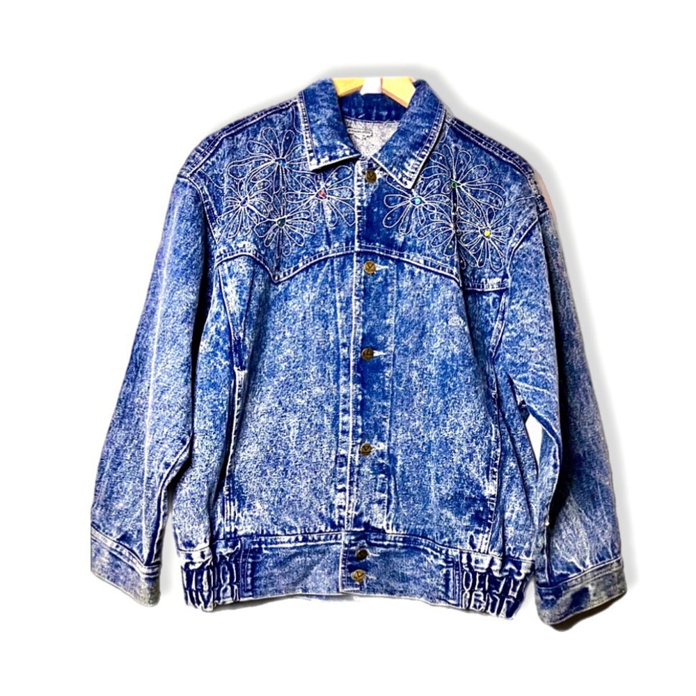 Vintage Rhinestone Embellished Acid Wash Jean Jacket
